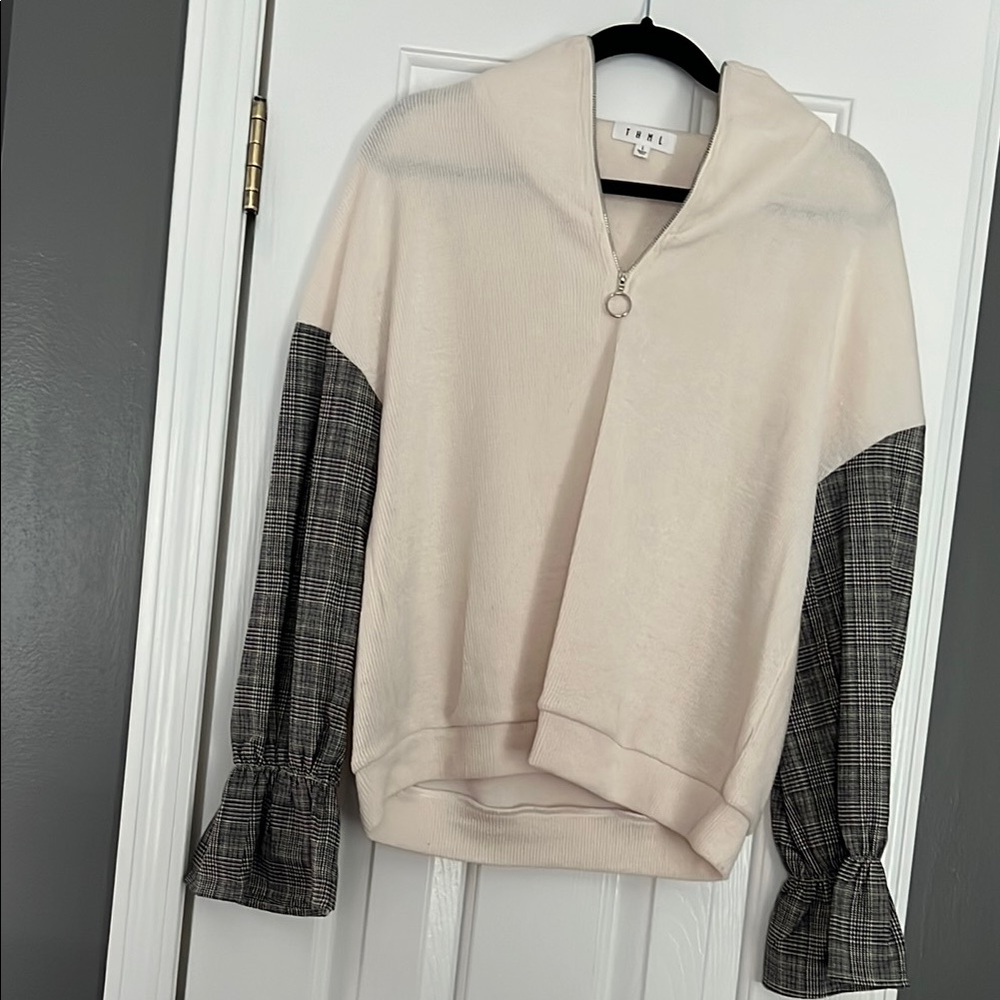 THML Cream and Gray Cowl Neck Sweater